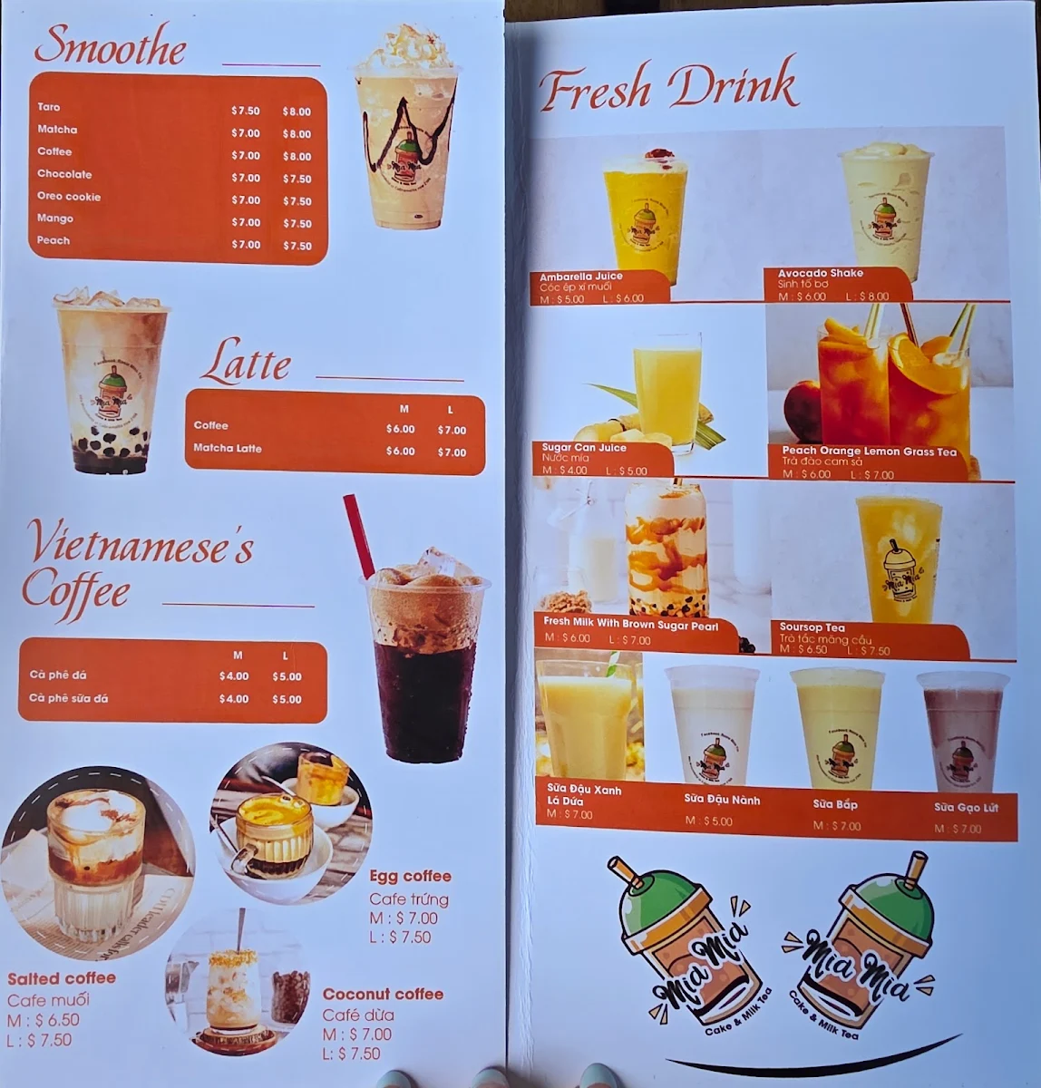 Menu, Mia Mia Cake and Milktea