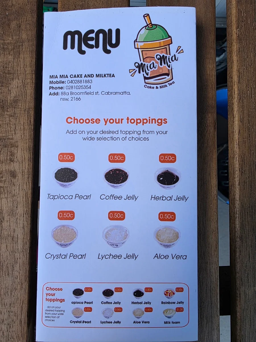 Menu, Mia Mia Cake and Milktea