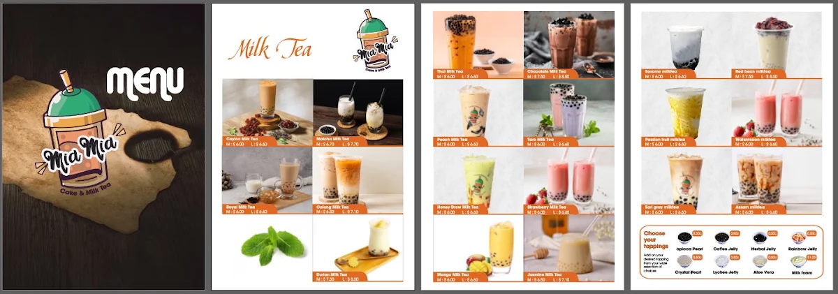 Menu, Mia Mia Cake and Milktea