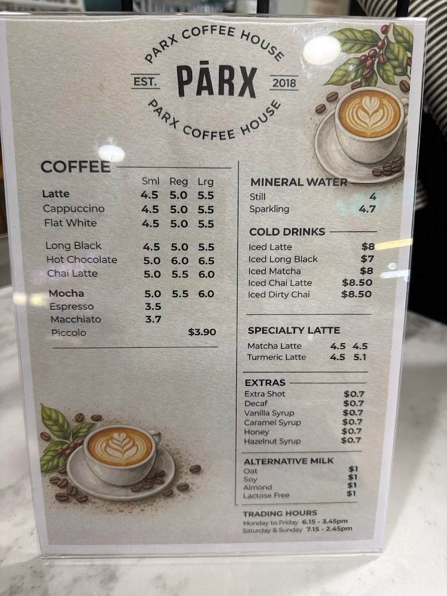 Menu, Parx Coffee House Harrington Park
