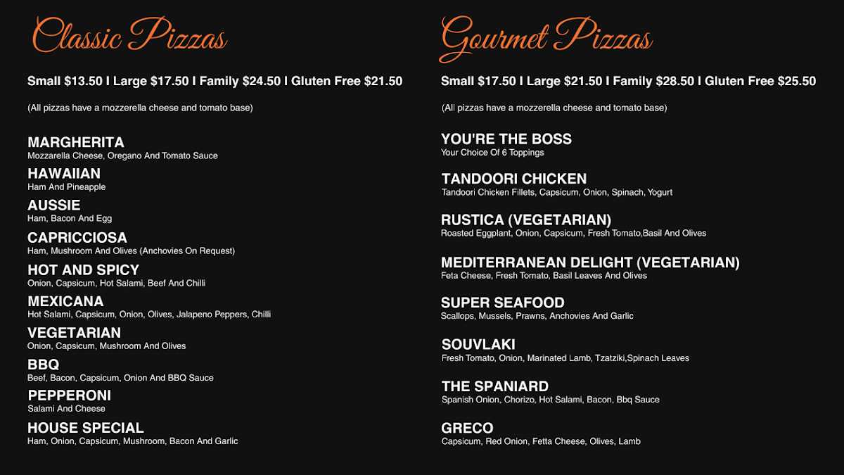 Menu, Amalfi Pizza & Pasta Melton