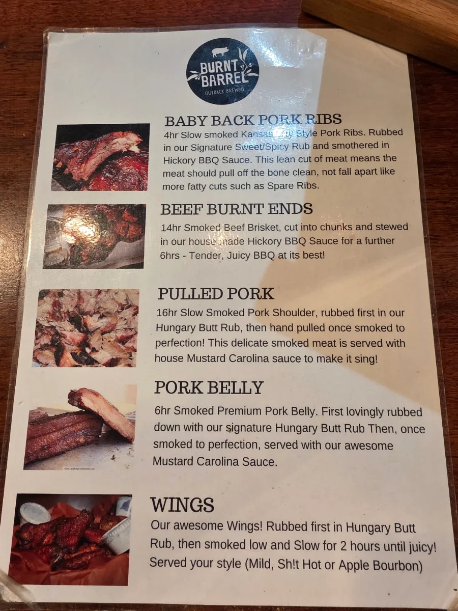Menu, Burnt Barrel