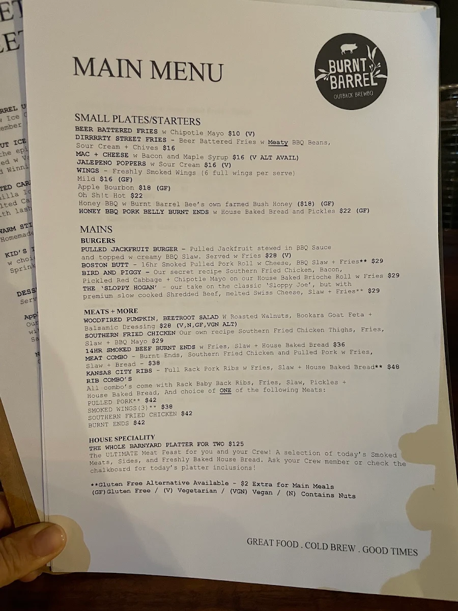 Menu, Burnt Barrel