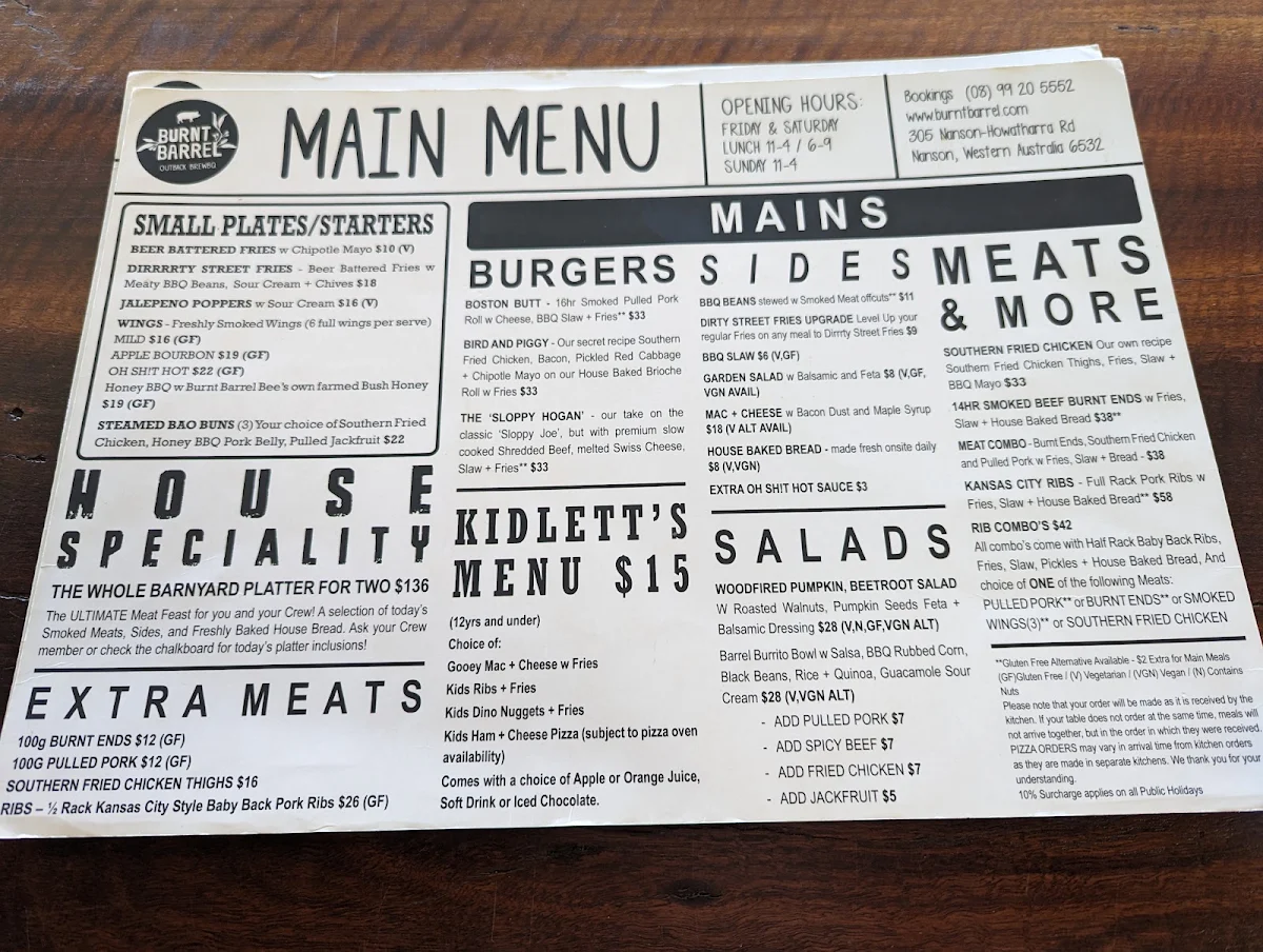 Menu, Burnt Barrel