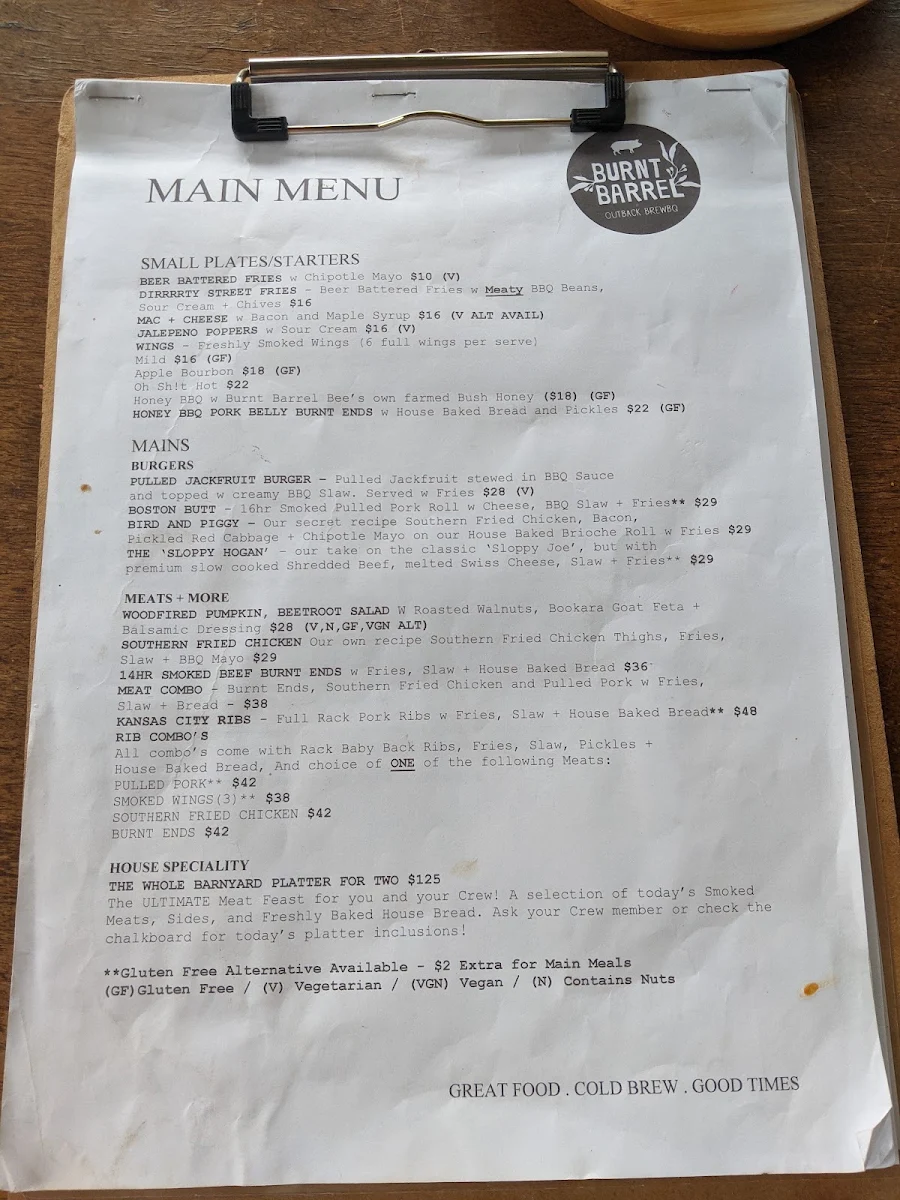 Menu, Burnt Barrel