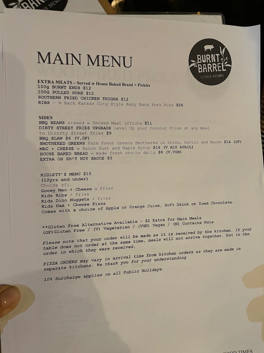 Menu, Burnt Barrel