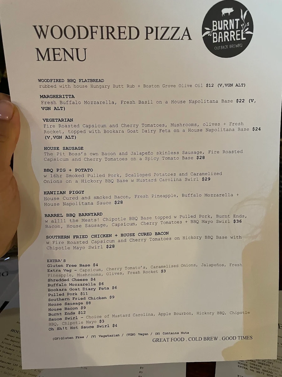 Menu, Burnt Barrel