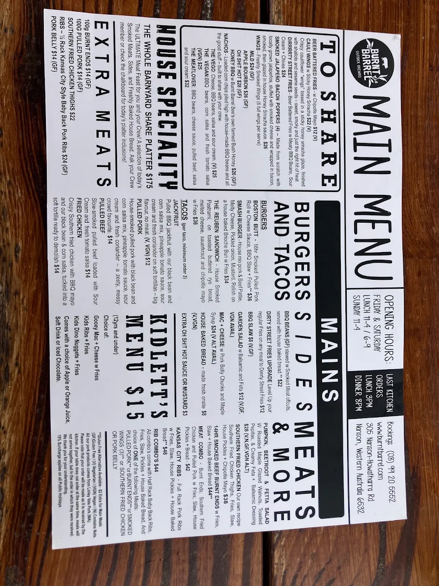 Menu, Burnt Barrel