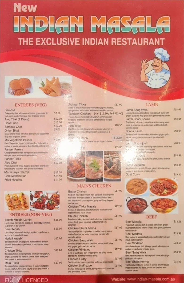 Menu, Indian Masala