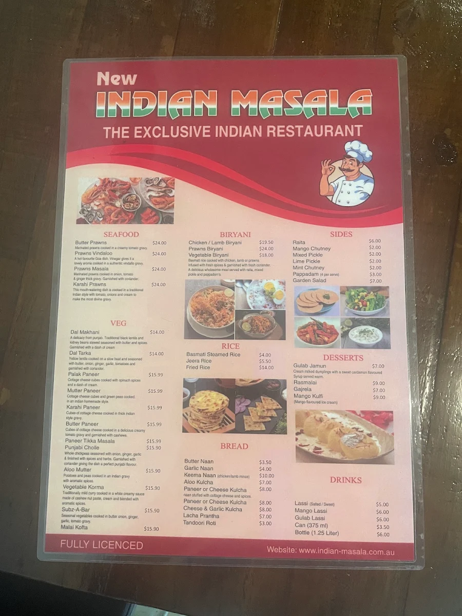 Menu, Indian Masala