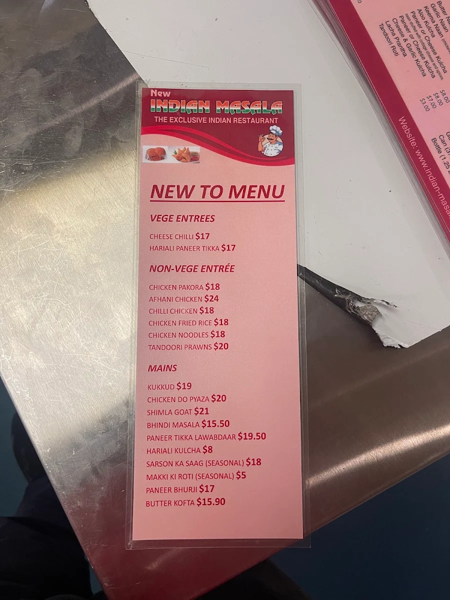 Menu, Indian Masala