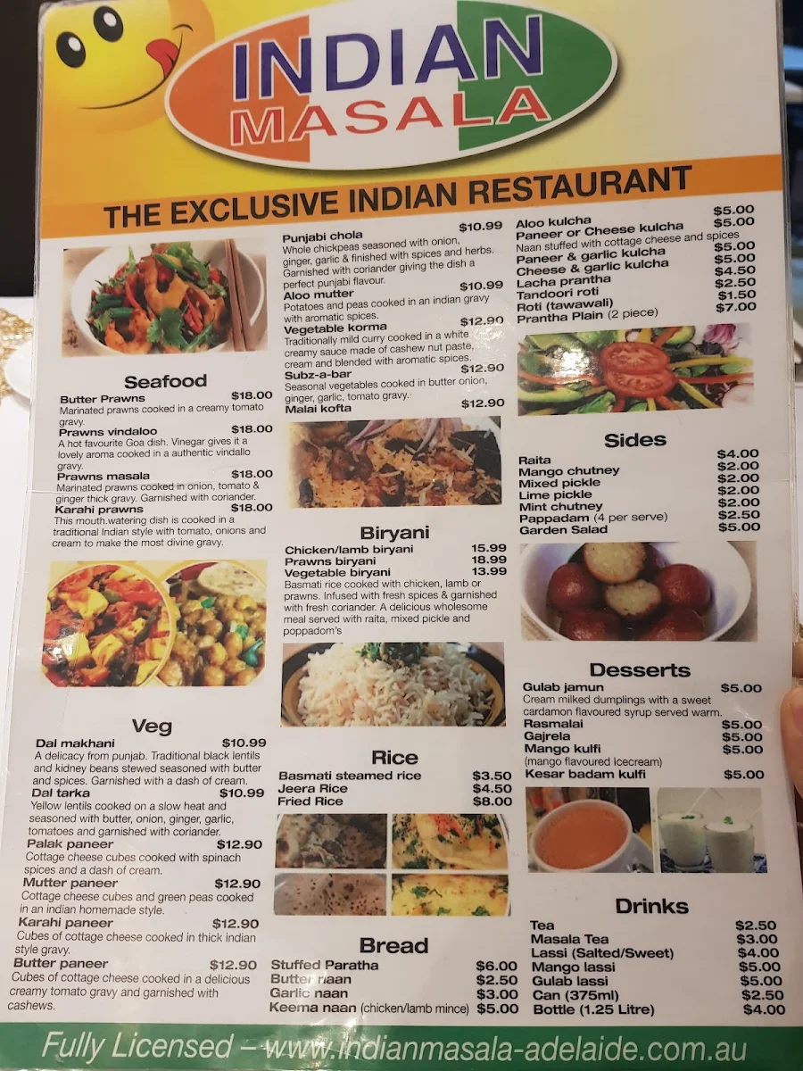 Menu, Indian Masala