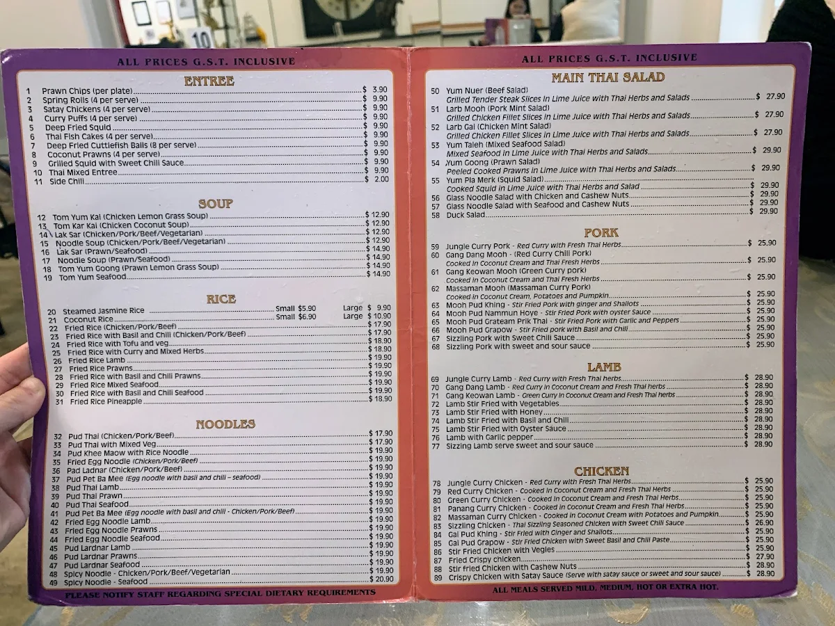 Menu, Just One Thai Restaurant