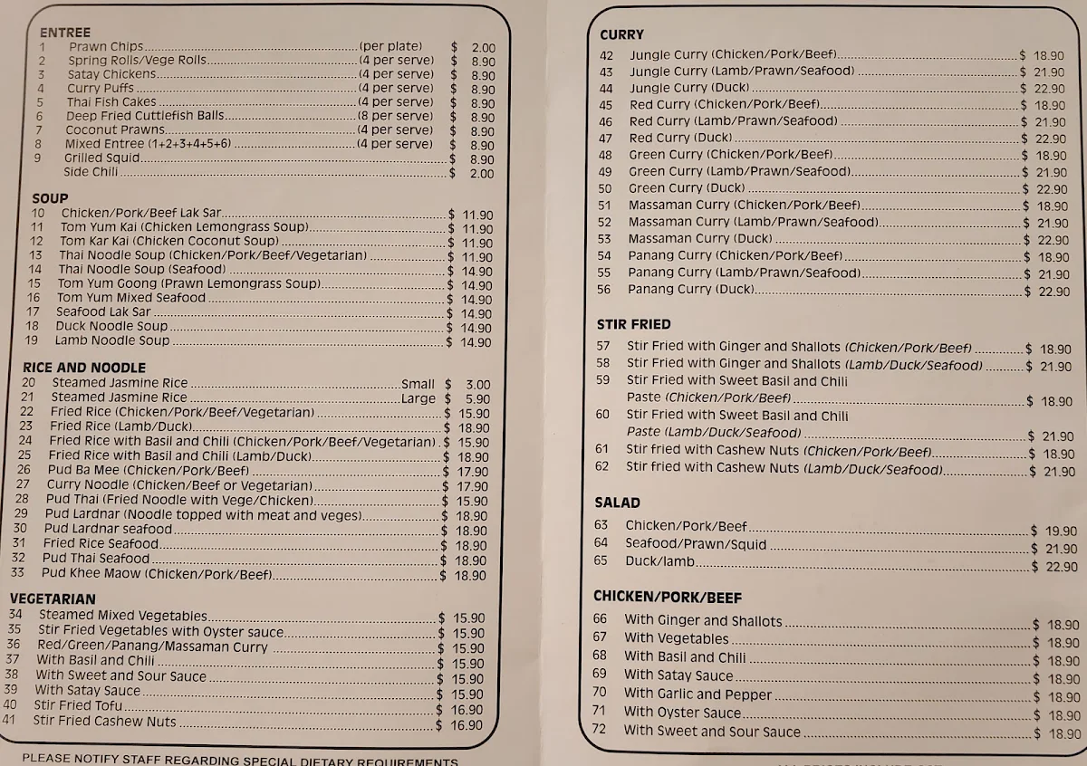 Menu, Just One Thai Restaurant