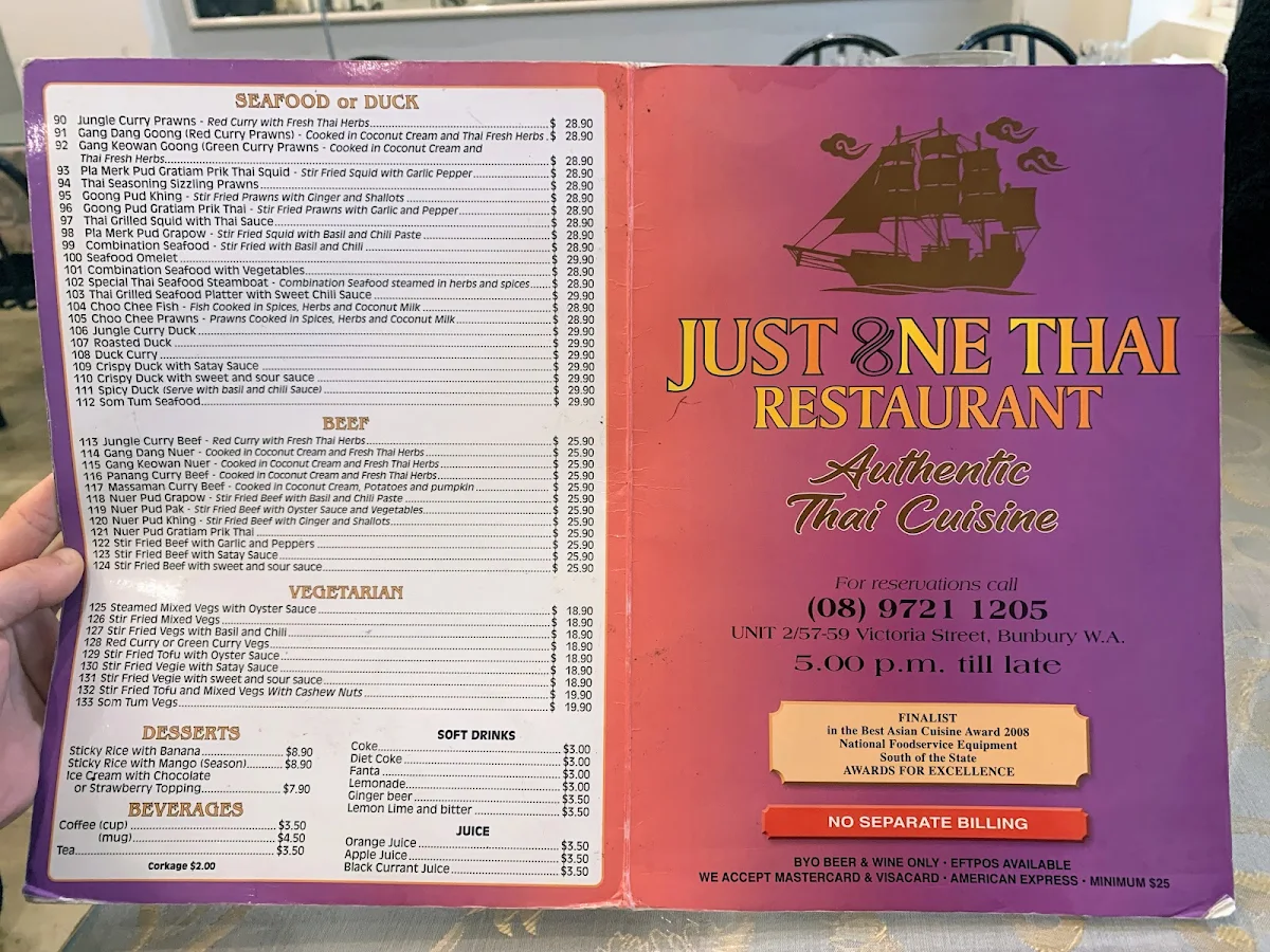 Menu, Just One Thai Restaurant