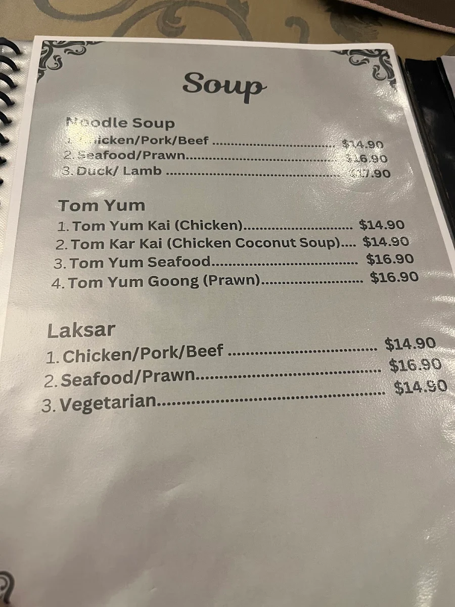 Menu, Just One Thai Restaurant