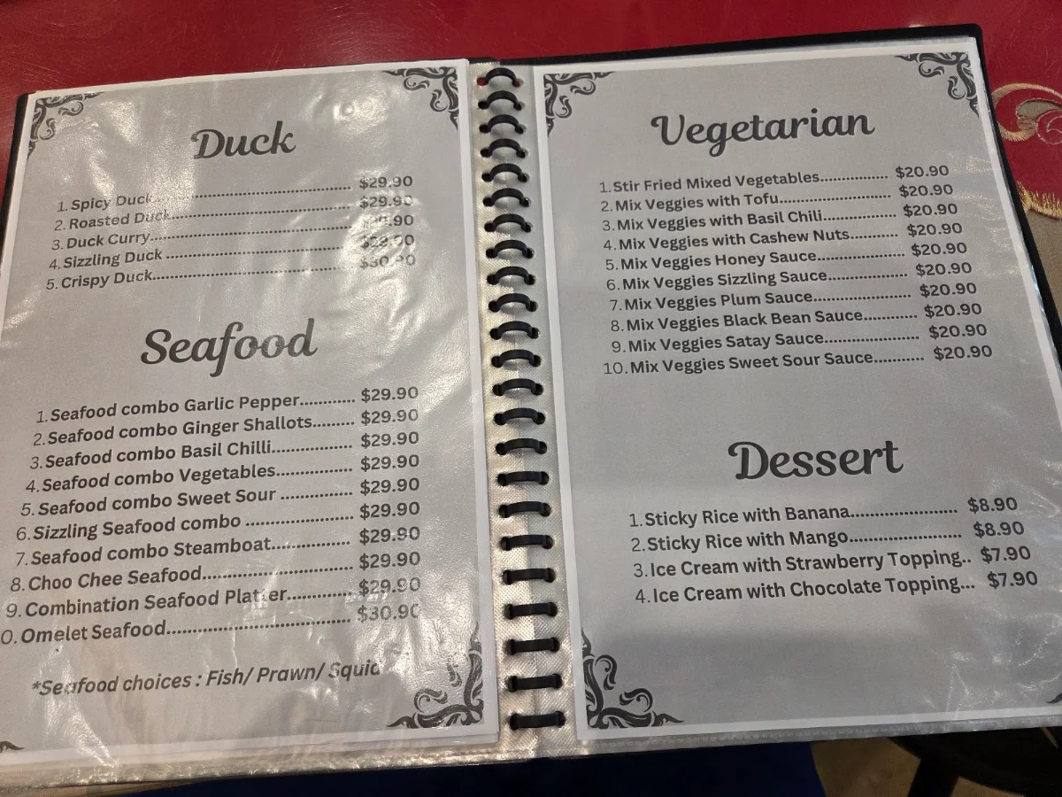 Menu, Just One Thai Restaurant