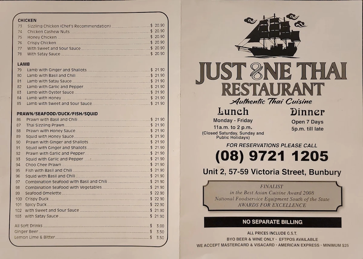 Menu, Just One Thai Restaurant