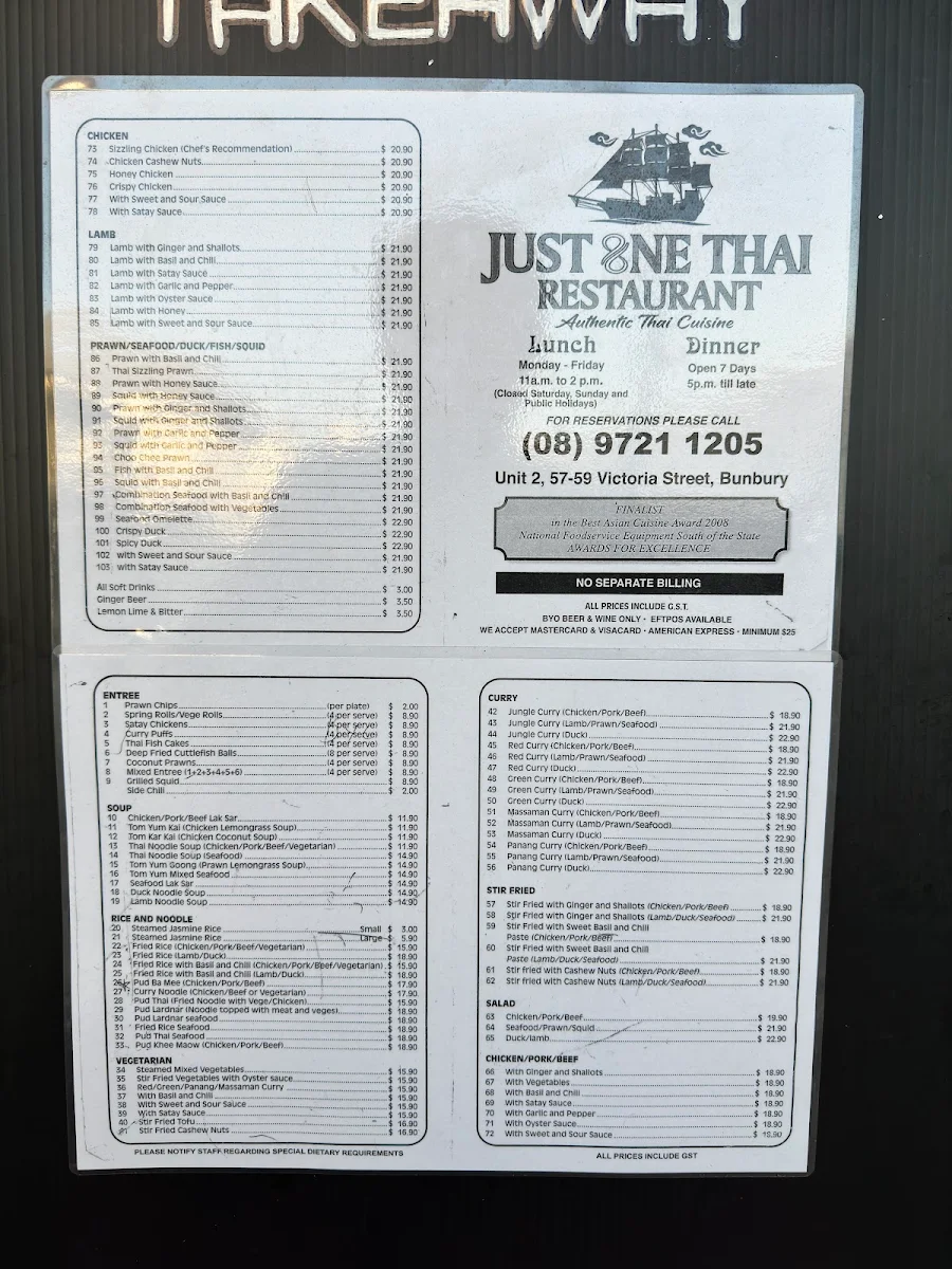 Menu, Just One Thai Restaurant