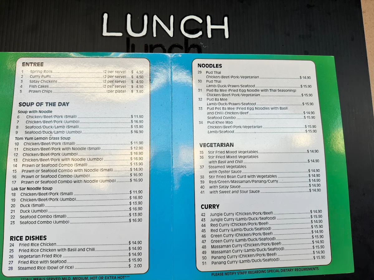 Menu, Just One Thai Restaurant