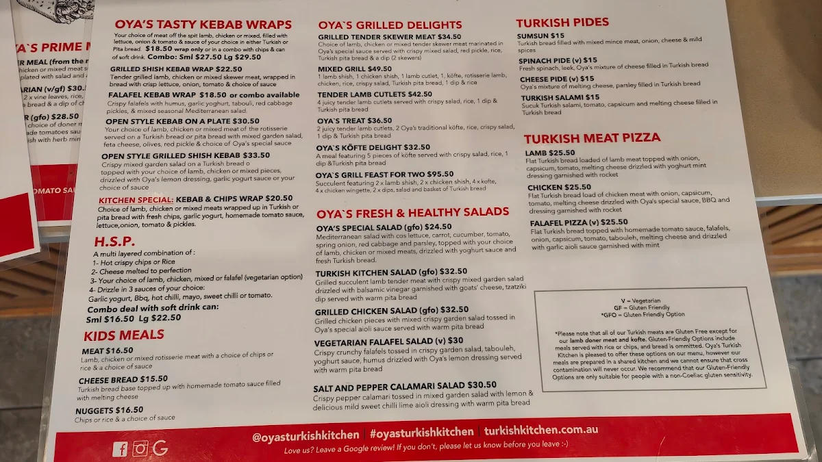 Menu, Oya's Turkish Kitchen Take Away & Restaurant Since 2002