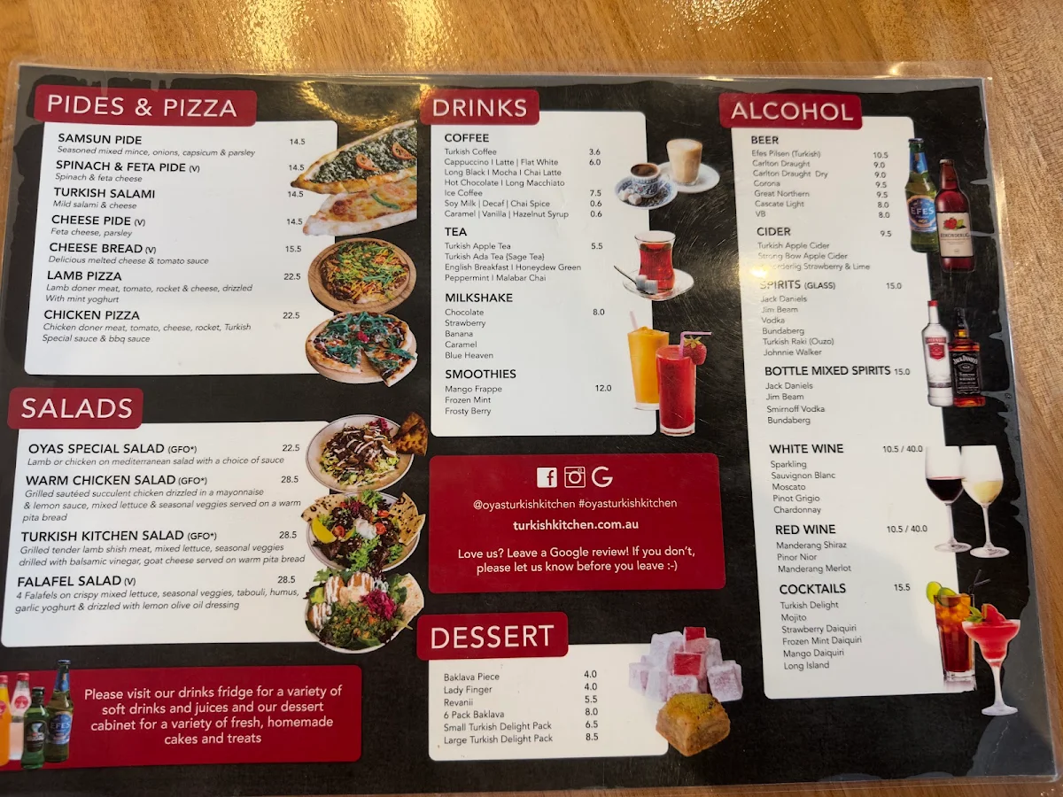 Menu, Oya's Turkish Kitchen Take Away & Restaurant Since 2002
