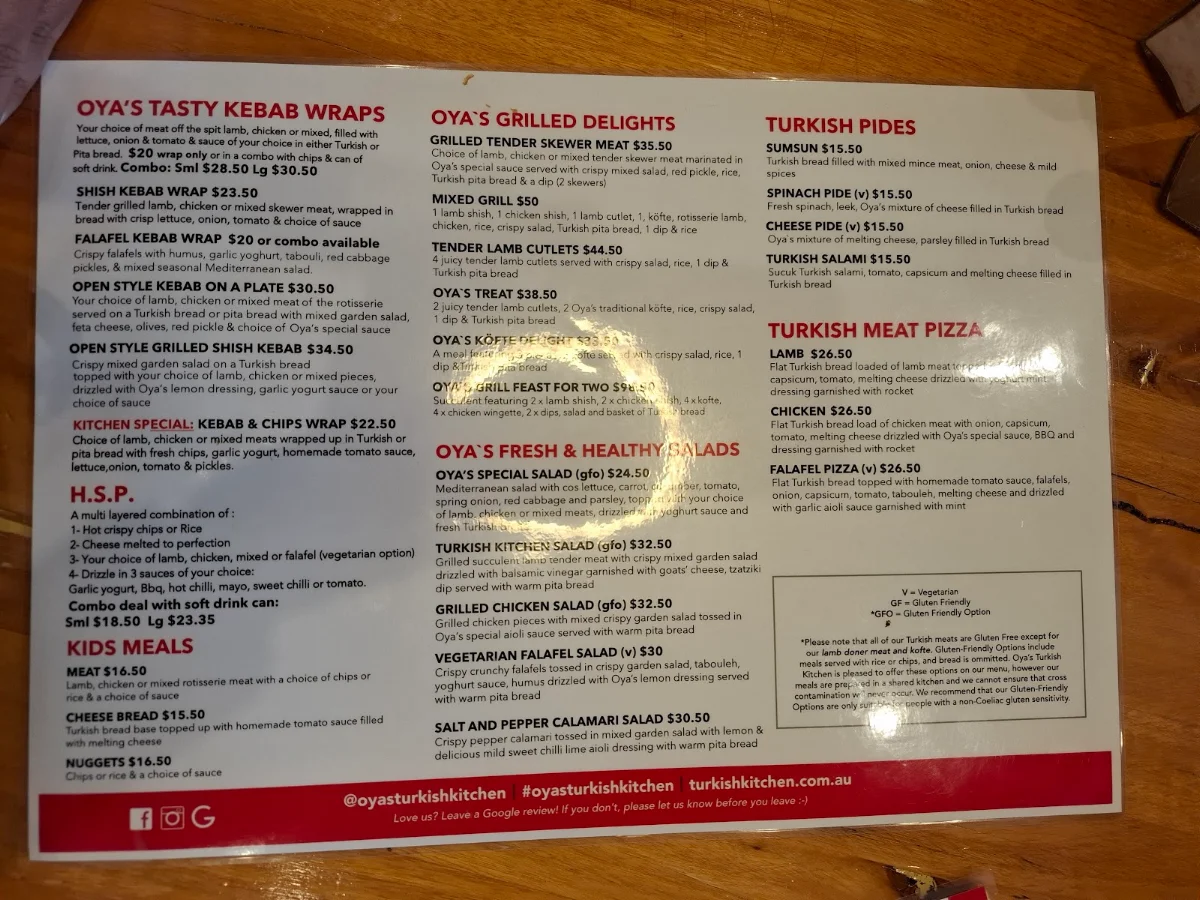Menu, Oya's Turkish Kitchen Take Away & Restaurant Since 2002