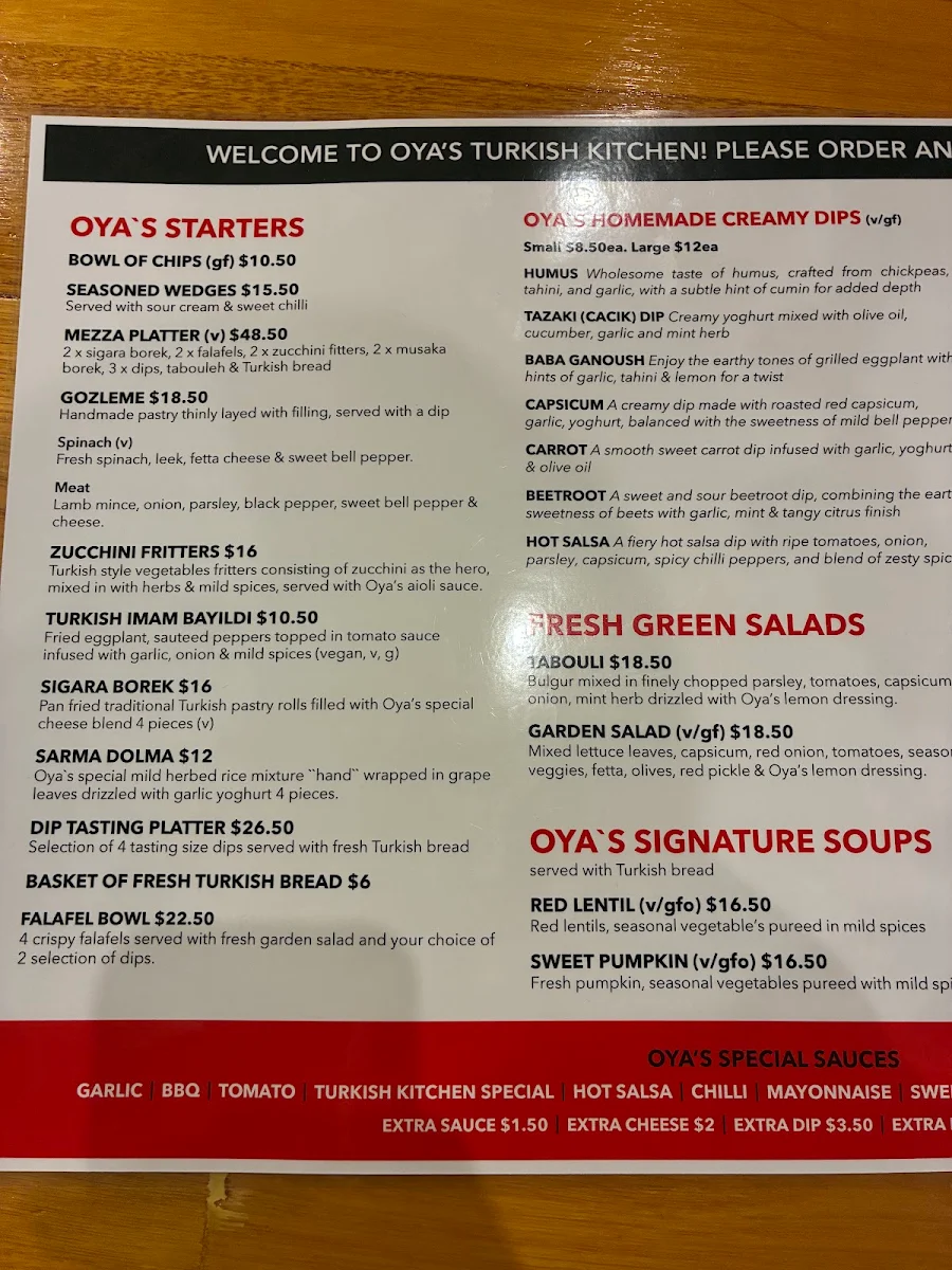 Menu, Oya's Turkish Kitchen Take Away & Restaurant Since 2002