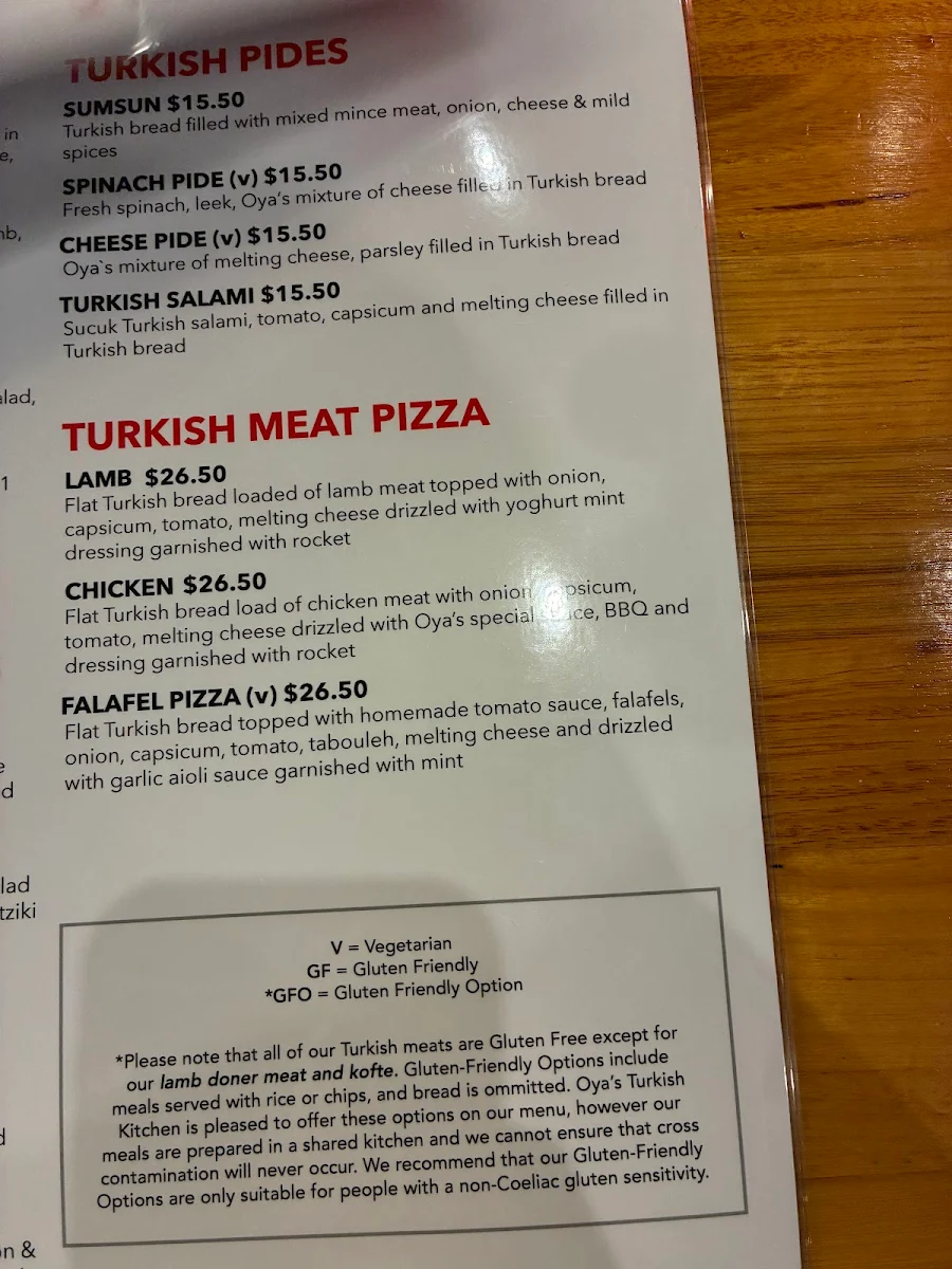 Menu, Oya's Turkish Kitchen Take Away & Restaurant Since 2002
