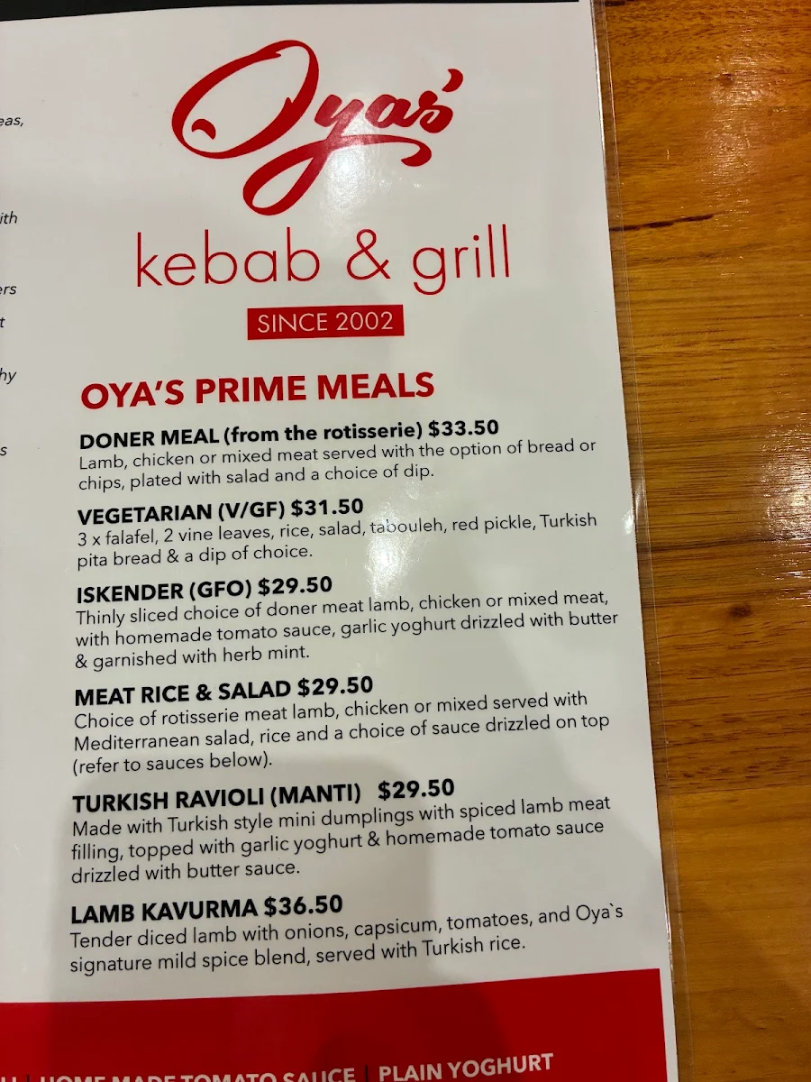 Menu, Oya's Turkish Kitchen Take Away & Restaurant Since 2002