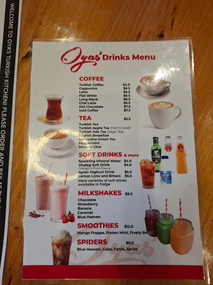 Menu, Oya's Turkish Kitchen Take Away & Restaurant Since 2002