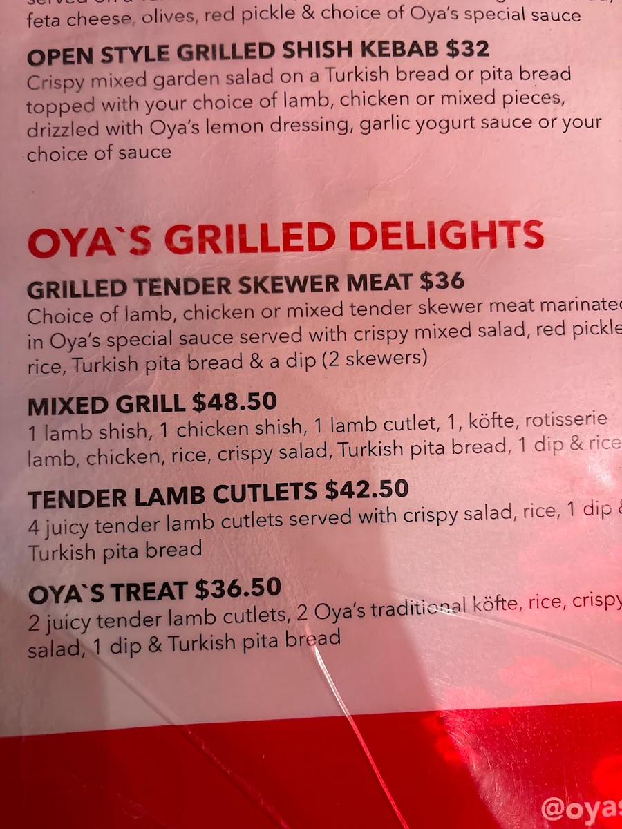 Menu, Oya's Turkish Kitchen Take Away & Restaurant Since 2002