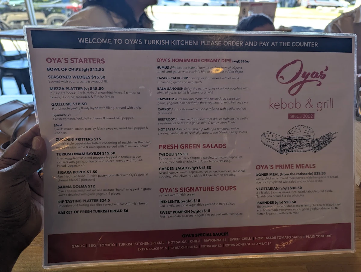Menu, Oya's Turkish Kitchen Take Away & Restaurant Since 2002