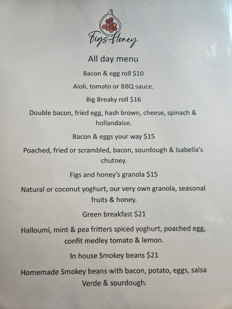Menu, Figs and Honey Cafe