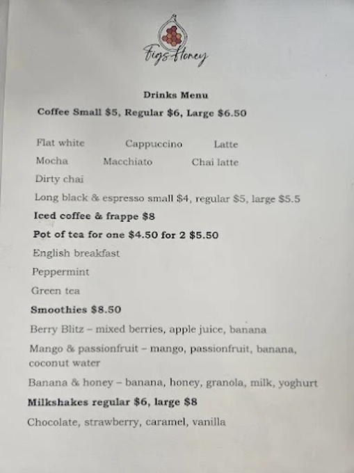 Menu, Figs and Honey Cafe