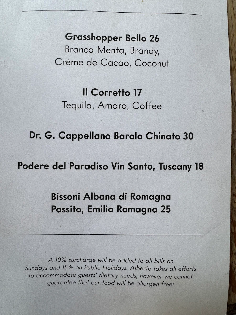 Menu, Alberto's Lounge