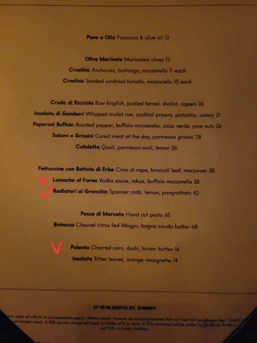 Menu, Alberto's Lounge
