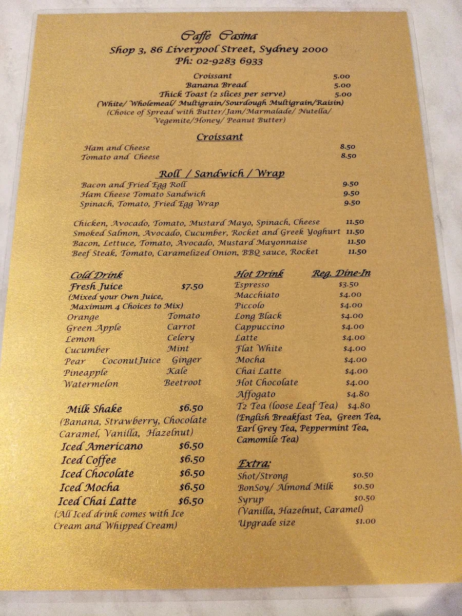 Menu, Caffe Casina