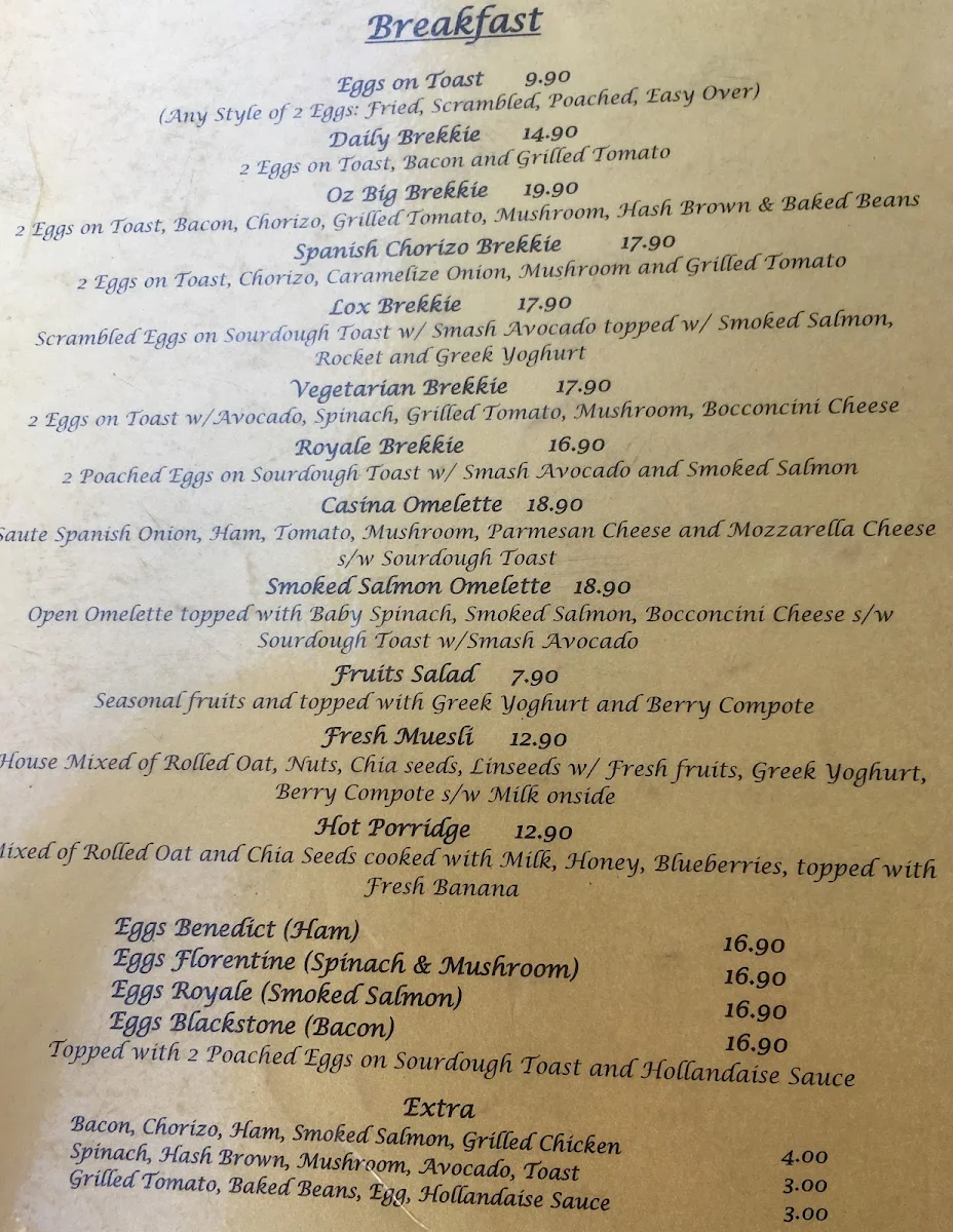 Menu, Caffe Casina