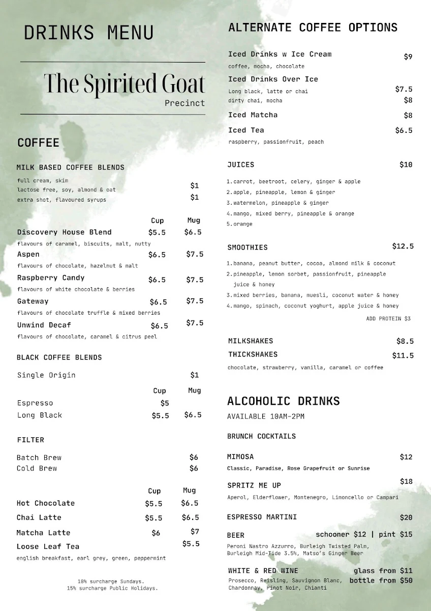 Menu, The Spirited Goat 'The Precinct'