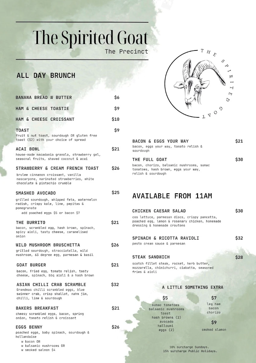 Menu, The Spirited Goat 'The Precinct'