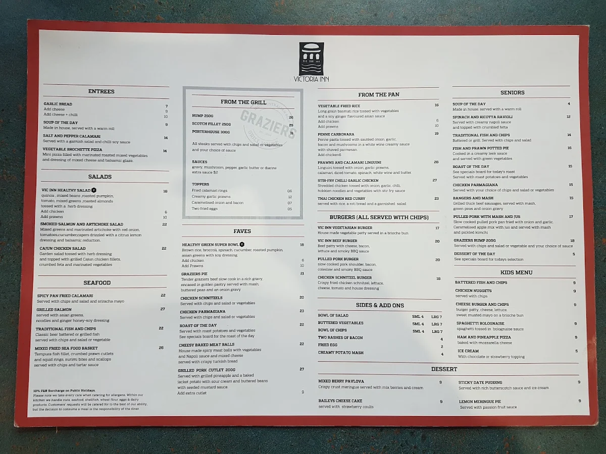 Menu, Victoria Inn