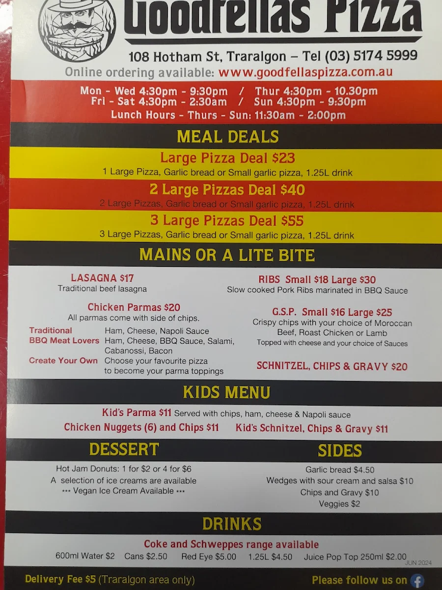 Menu, Goodfellas Pizza