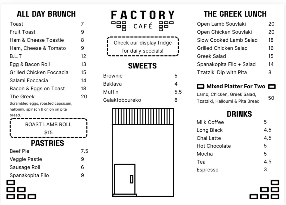 Menu, Factory Cafe Mornington