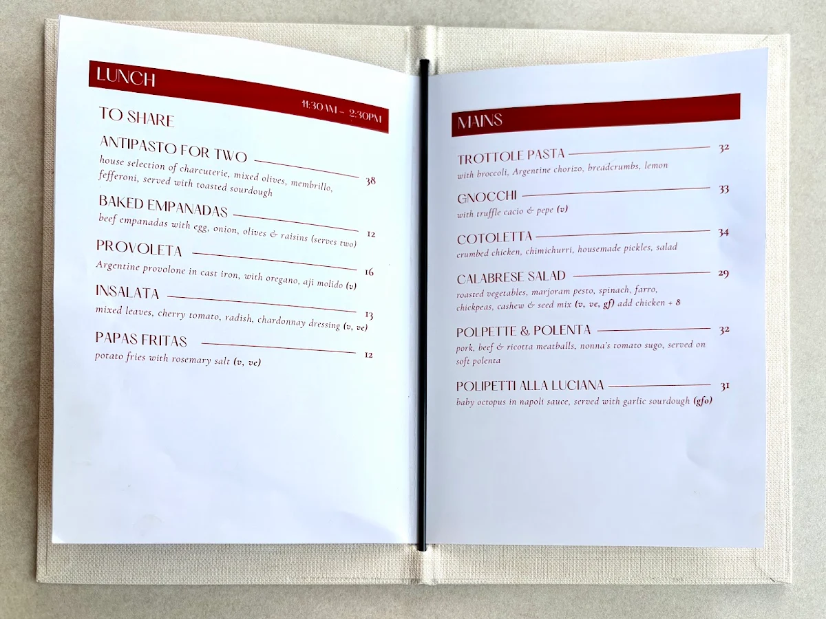 Menu, Cafe Pichón