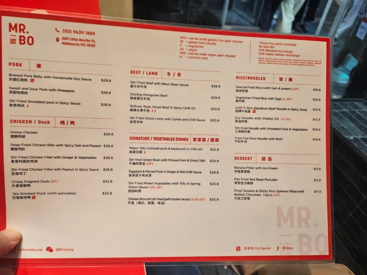 Menu, Mr. Bo