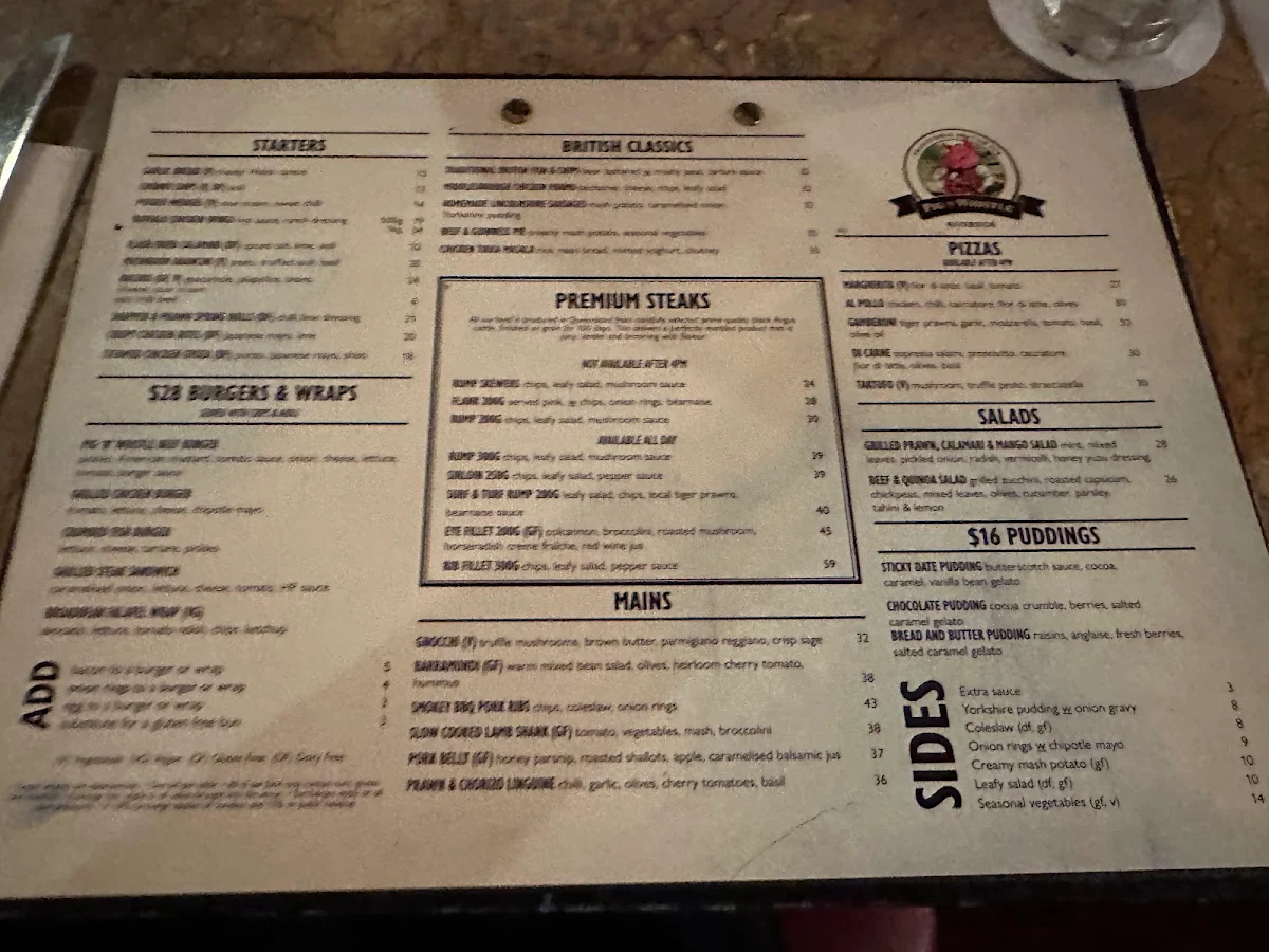 Menu, Riverside Arms