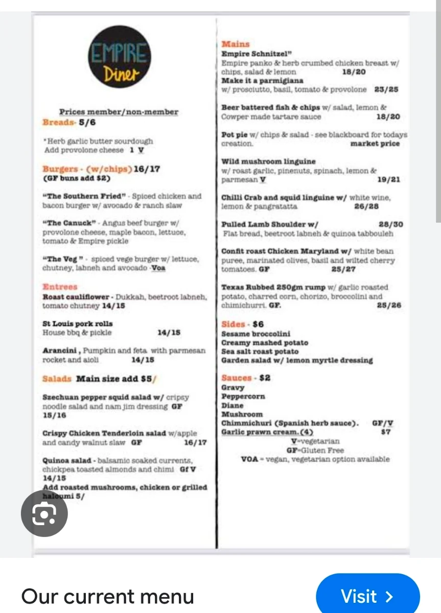 Menu, Empire Bar