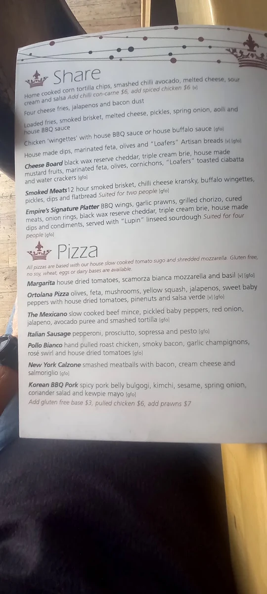 Menu, Empire Bar