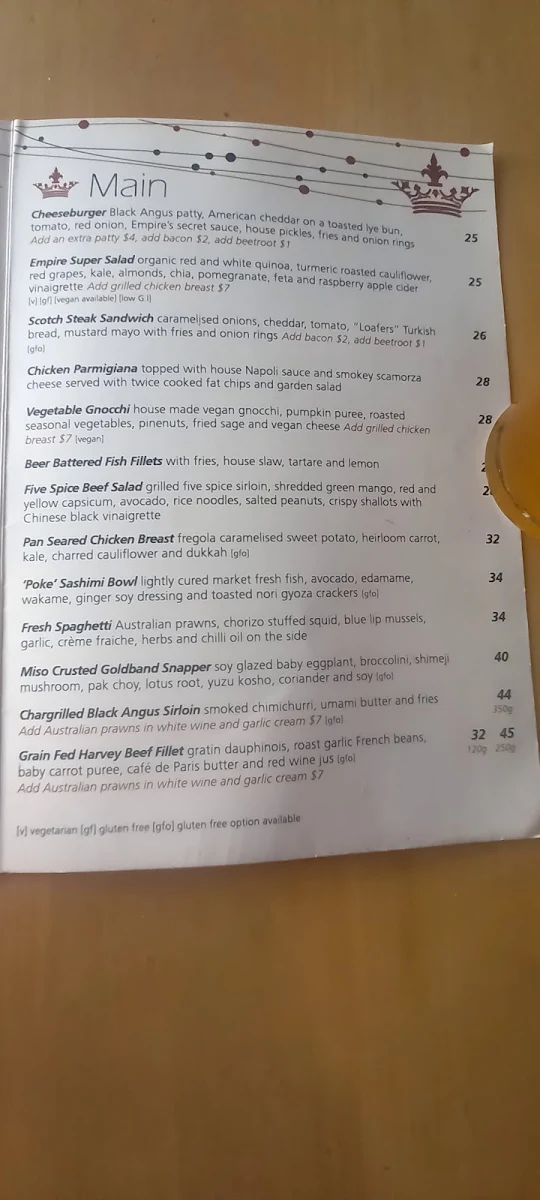Menu, Empire Bar